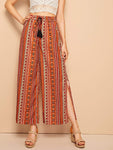 Aztec Print Side Slit Drawstring Waist Culotte Pants