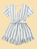 Striped Ruffle Trim Self Tie Romper