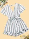 Striped Ruffle Trim Self Tie Romper