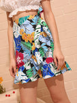 Tropical Print Ruffle Trim Wrap Knotted Skirt