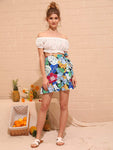 Tropical Print Ruffle Trim Wrap Knotted Skirt