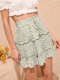 Calico Print Drawstring Waist Tiered Skirt