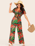 Tropical Print Knot Detail Jumpsuit