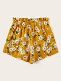 Frill Trim Elastic Waist Floral Print Shorts