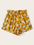 Frill Trim Elastic Waist Floral Print Shorts