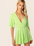 Deep V Neck Flutter Sleeve Belted Romper