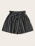 High Waist Bow Decor Striped Paperbag Shorts