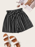 High Waist Bow Decor Striped Paperbag Shorts