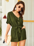 Tie Front Dual Pocket Rolled Cuff Playsuit