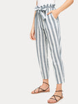 Vertical Striped Frill Belted Pants