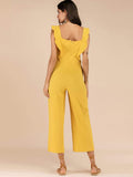 Ruffle Trim Button Front Wide Leg Jumpsuit