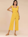 Ruffle Trim Button Front Wide Leg Jumpsuit