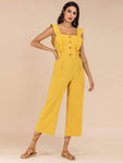 Ruffle Trim Button Front Wide Leg Jumpsuit