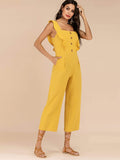 Ruffle Trim Button Front Wide Leg Jumpsuit