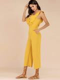 Ruffle Trim Button Front Wide Leg Jumpsuit