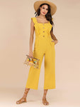 Ruffle Trim Button Front Wide Leg Jumpsuit