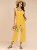 Ruffle Trim Button Front Wide Leg Jumpsuit