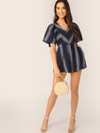 V-neck Slant Pocket Striped Romper