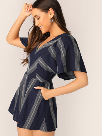 V-neck Slant Pocket Striped Romper