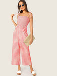 Two Tone Knot Shoulder Frill Smocked Striped Jumpsuit