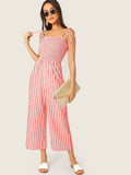 Two Tone Knot Shoulder Frill Smocked Striped Jumpsuit