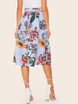 Mixed Print Wide Waistband Self Belted Skirt