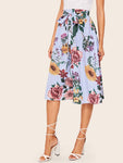 Mixed Print Wide Waistband Self Belted Skirt