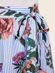 Mixed Print Wide Waistband Self Belted Skirt