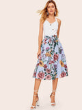 Mixed Print Wide Waistband Self Belted Skirt