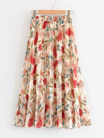 Floral Print Pleated Chiffon Skirt