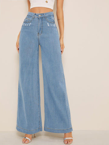 Ripped Detail Wide Leg Jeans