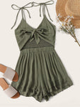 Tie Front Shirred Layer Ruffle Hem Cami Playsuit