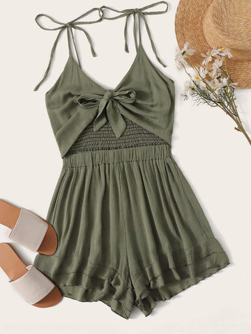 Tie Front Shirred Layer Ruffle Hem Cami Playsuit