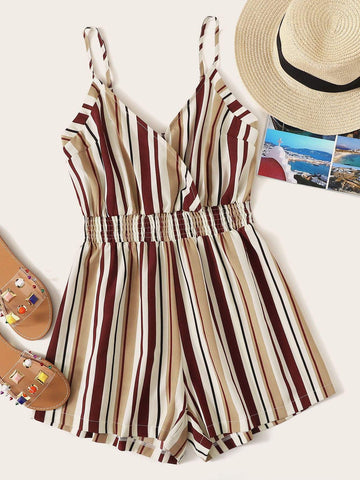 Shirred Waist Stripe Cami Romper