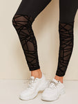 Flocked Mesh Hem Skinny Leggings