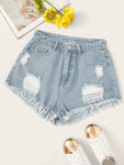 Ripped Detail Raw Hem Denim Shorts