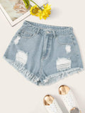 Ripped Detail Raw Hem Denim Shorts