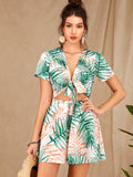 Tropical Print Tie Front Peekaboo Romper