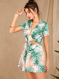 Tropical Print Tie Front Peekaboo Romper