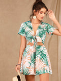 Tropical Print Tie Front Peekaboo Romper