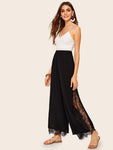 Elastic Waist Eyelash Lace Insert Palazzo Pants