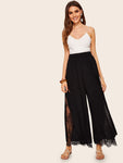 Elastic Waist Eyelash Lace Insert Palazzo Pants