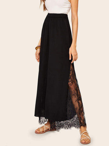 Elastic Waist Eyelash Lace Insert Palazzo Pants