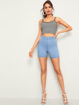 Zip Back High Waist Skinny Denim Shorts