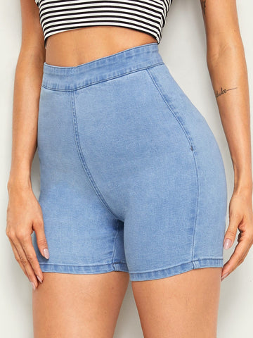 Zip Back High Waist Skinny Denim Shorts