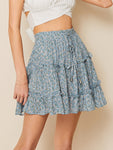 Ditsy Floral Drawstring Waist Frill Trim Skirt