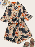 Fluted Sleeve Floral Print Surplice Romper With Belt