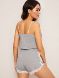 Lace Trim Drawstring Waist Cami Romper