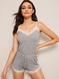 Lace Trim Drawstring Waist Cami Romper