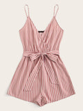 Surplice Striped Self Belted Wrap Romper